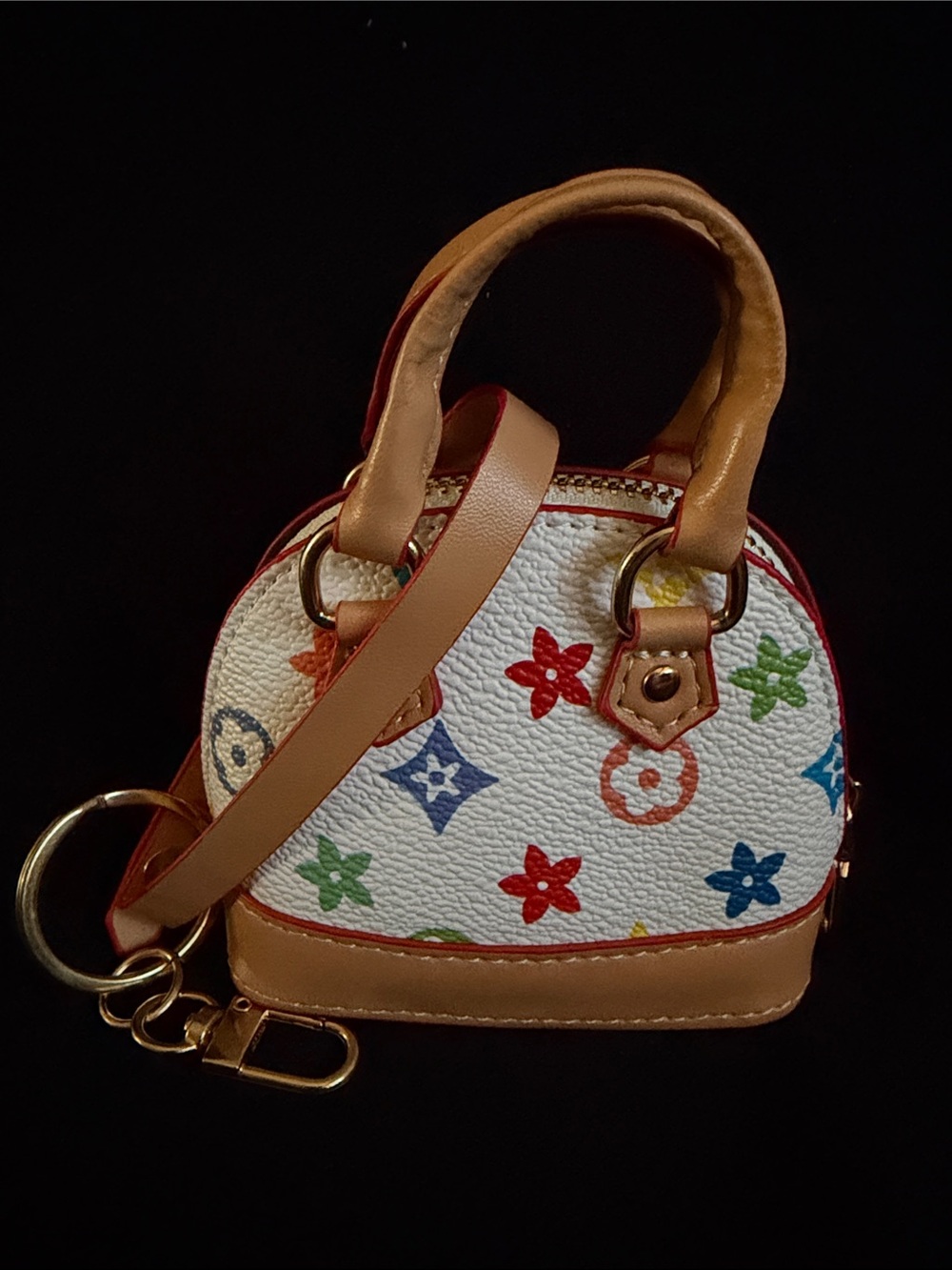 Mini Dome Satchel Bag Charm in White Multicolor Floral Print with Tan Trim